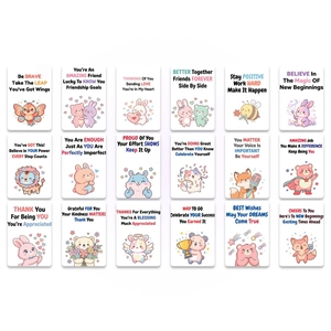 Grille détaillée de 18 cartes de motivation avec diverses illustrations d'animaux mignons