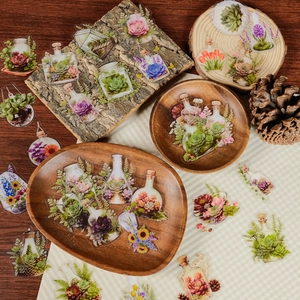 Detailed view of floral PET stickers on wood decor for scrapbooking and decoration