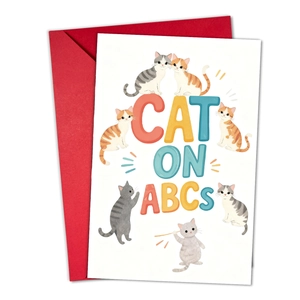 Cute cartoon cat illustrations on white card with a red envelope and CAT ON ABCS text