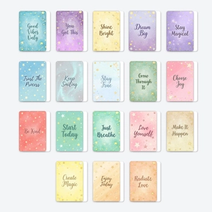 Détail de 18 cartes étoilées colorées avec des citations inspirantes en anglais