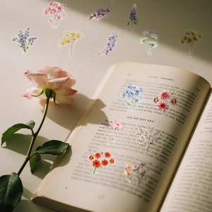 Makroaufnahme wasserfester Aquarell-Blumenaufkleber auf einer Vintage-Buchseite für DIY