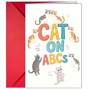 Detail of cartoon cat greeting card with red envelope and CAT ON ABCS text design
