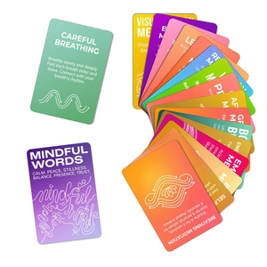 Detailed view of colorful mindfulness meditation cards with guided breathing exercises