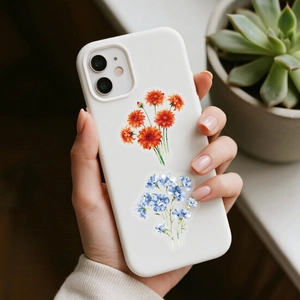 Detailansicht von Tintenblumen-Stickern auf einer Handyhülle mit floralem Design