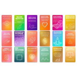 Detailed grid view of 18 meditation cards showing diverse themes and guiding instructions