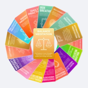 Radial layout of colorful meditation prompt cards with balanced mindfulness exercises