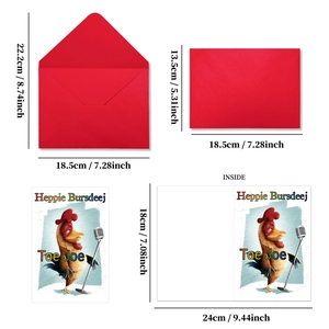 Funny cartoon rooster birthday greeting card set with red envelope and size dimensions