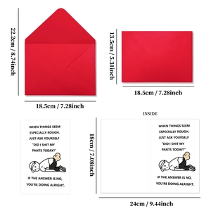 Funny greeting card set with red V-flap envelope and minimalist cartoon illustration