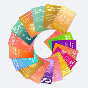 Spiral layout of colorful mindfulness cards for daily meditation and stress relief