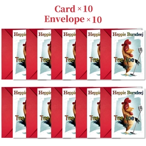 Set of 10 funny cartoon rooster birthday cards and 10 red envelopes in a neat grid layout