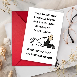 Funny greeting card with red envelope and creative quote for humorous gift giving