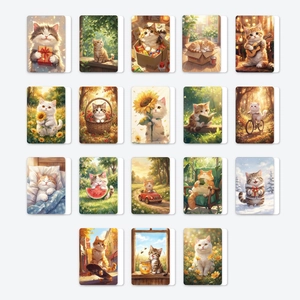 Detailed grid of 18 cute cat illustration cards showing various cozy life scenes