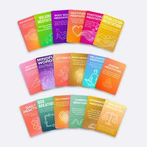 Detailed grid of 18 colorful meditation cards with English mindfulness guidance instructions