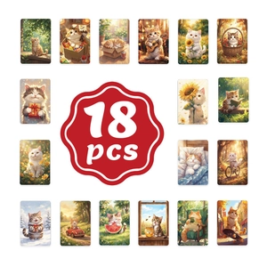 Detail showing 18 cute cat illustration cards with warm colors and soft rounded edges