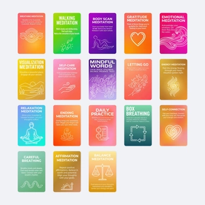 Grid view showing 18 colorful meditation cards with mindfulness and relaxation guides