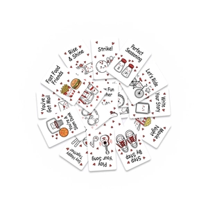 Detailed view of hand-drawn motivational cards with red accents and witty English phrases