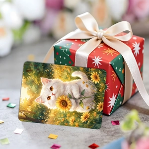 Artistic cat illustration card with sunflower beside a festive gift box decoration