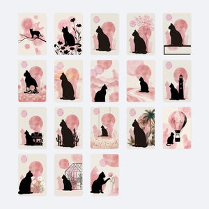Set of 18 artistic black cat silhouette cards with soft pink watercolor scenes for gifting