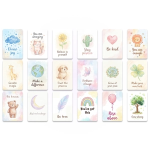 Set of 18 cute watercolor motivational quote cards with hand-drawn animal illustrations