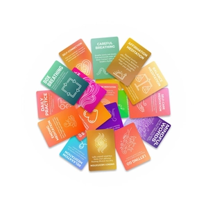 Macro view of mindfulness meditation cards with guided breathing and relaxation exercises