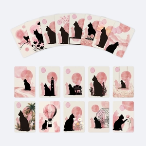 Detailed set of 18 watercolor pink cat silhouette cards with dreamy floral and moon designs