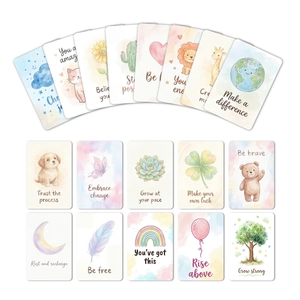 Set of 18 watercolor positive affirmation cards for kids featuring cute animals and motifs