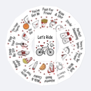 Close-up of illustrated motivational cards featuring a bicycle design and funny English puns