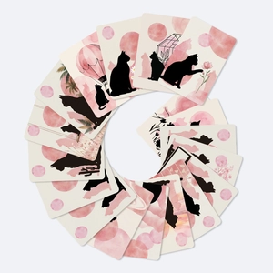 Detailed fan arrangement of 18 pink watercolor cat silhouette greeting cards for gift giving