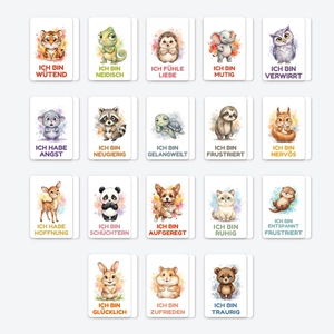 Set of 18 watercolor animal emotion flashcards in German for kids early learning