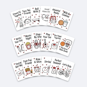 Macro detail of eighteen kawaii motivational cards with cute puns and red heart illustrations