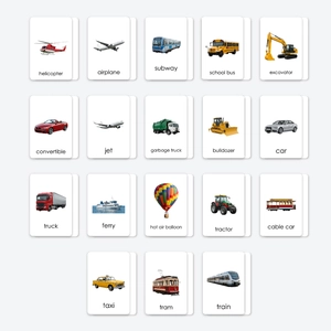 Set of 18 transport flashcards for kids featuring land sea and air vehicles