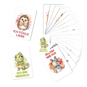 Detail of German watercolor animal cards showing ICH BIN MUTIG emotion for kids
