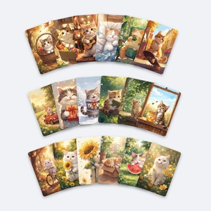 Set of 18 cute cat illustration cards with warm colors depicting cozy life scenes