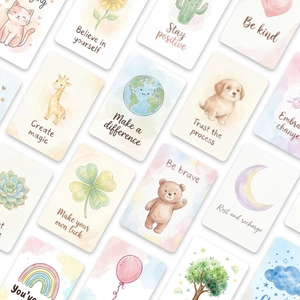 Set of 18 cute watercolor inspirational affirmation cards with positive animal motifs