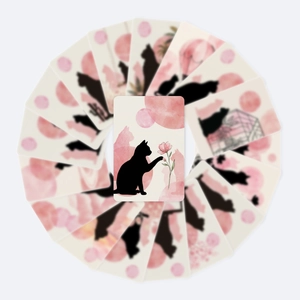 Artistic watercolor cat silhouette cards with pink accents in radial layout display