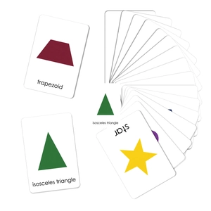 Detailed set of 18 colorful geometric shape learning cards for early childhood education