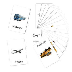 Educational transportation flashcards for kids featuring subway and airplane photos