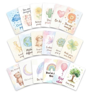 Flat lay of 18 cute watercolor motivational cards with inspirational quotes and animals