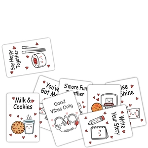 Close-up of cute cartoon motivational cards with playful puns and kawaii characters