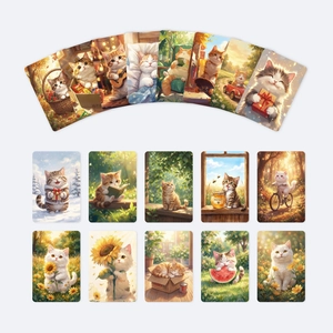 Set of 18 cute cat illustration cards featuring warm colors and cozy life scenes