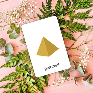 Detailed educational card showing a golden pyramid illustration with English word pyramid