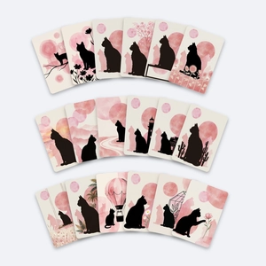 Detail of 18 watercolor cat silhouette cards with pink aesthetic and floral patterns