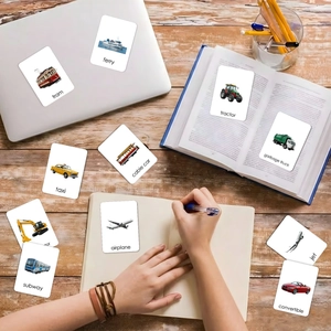 Macro shot of 18 English transportation flashcards on a desk for kids learning