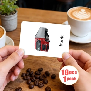 Educational flashcards for kids featuring 18 transportation modes including a red truck