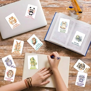 Watercolor animal emotion cards for German language learning with cute pet motifs