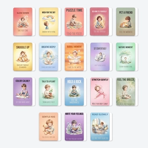 Detailed grid of 18 watercolor mindfulness and emotional regulation cards for kids