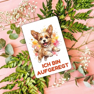 Detail of German educational flashcard featuring a cute watercolor dog and the phrase Ich bin aufgeregt