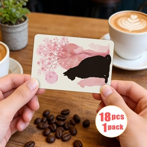 Set of 18 artistic cat silhouette and pink cherry blossom watercolor greeting cards