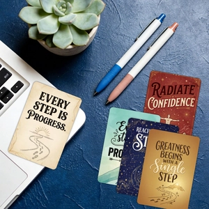 Dettaglio di set di carte ispiratrici vintage su scrivania blu con accessori