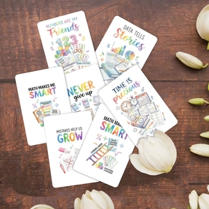 Detail of 6 educational math flashcards with hand-drawn illustrations on wood surface